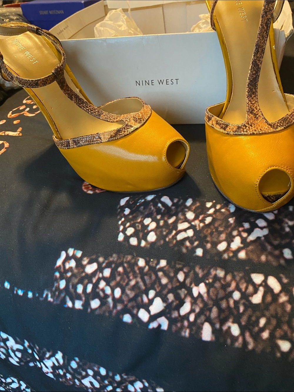 Nine West Mustard Yellow Peep-Toe Platform Heels with Snakeskin Trim